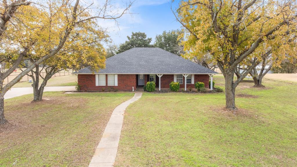 a view of a house with a large tree and a yard