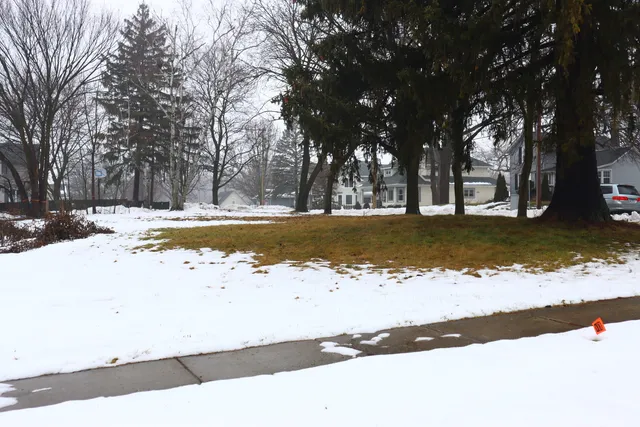 a view of a yard with snow on the road