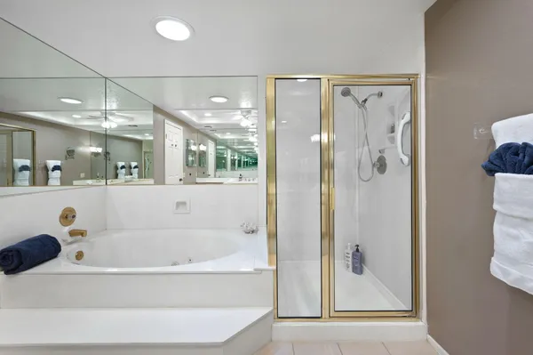 a bathroom with a bathtub and shower