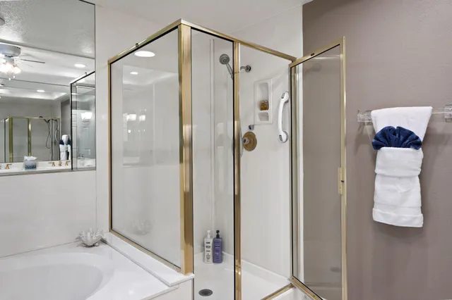 a bathroom with a shower and a mirror