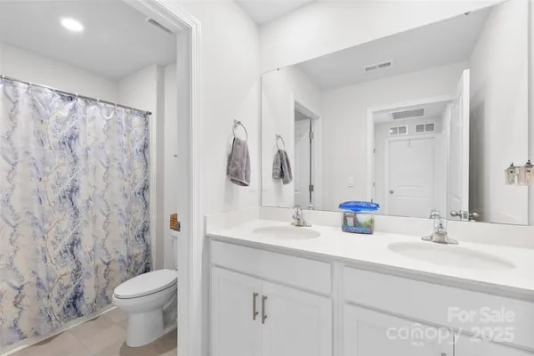 a bathroom with a sink a toilet and shower curtain