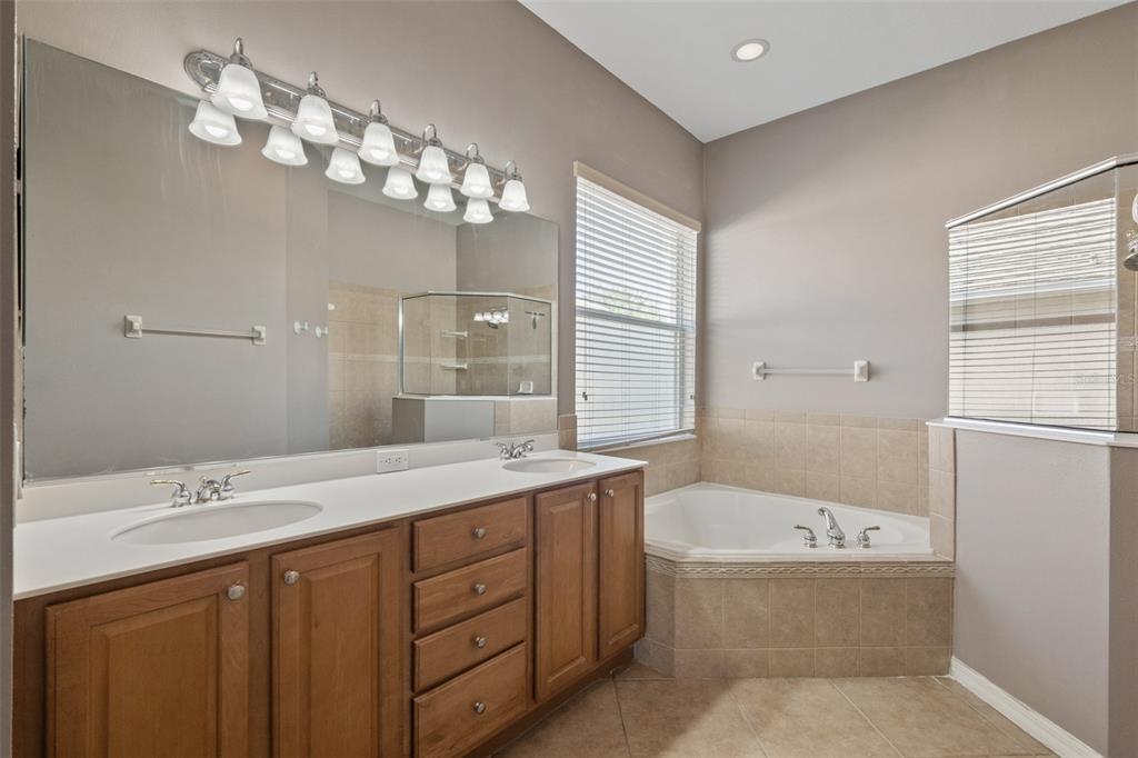 12150 Mapleridge Drive Parrish, FL 34219 - Photo 18 of 45 a bathroom with a tub a sink and mirror