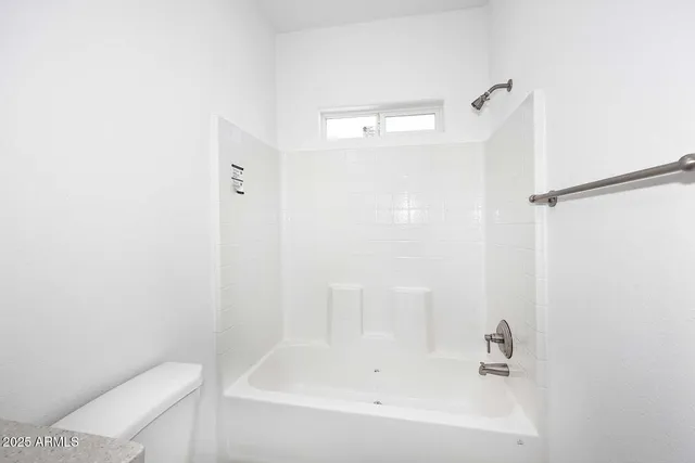 a bathroom with a bathtub and a toilet