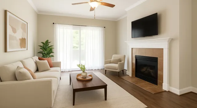 a living room with furniture a fireplace and a flat screen tv