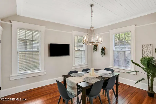 a view of a dining room with furniture window and wooden floor