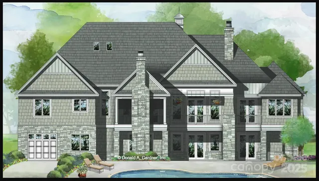 a view of a brick house with large windows