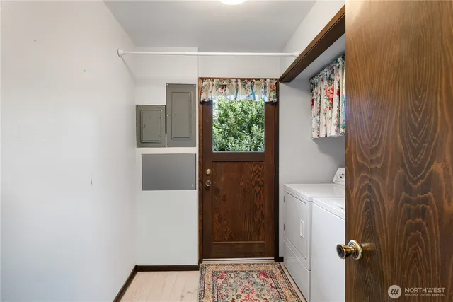 a view of a balcony with wooden floor