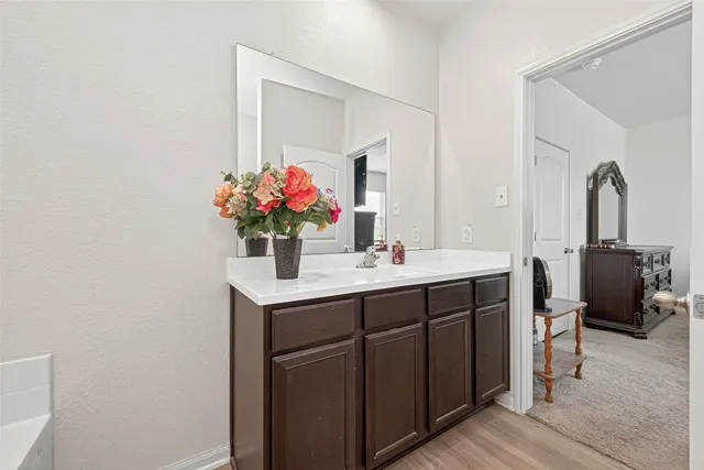 a bathroom with a sink a potted plant and a mirror