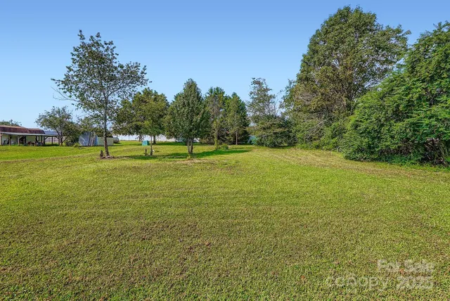 a view of a green field with trees in the background