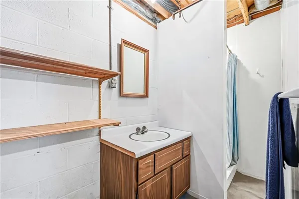 a bathroom with a sink a mirror and a shower