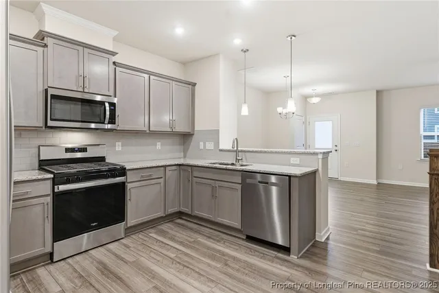 a kitchen with stainless steel appliances granite countertop a sink a stove a refrigerator and a microwave