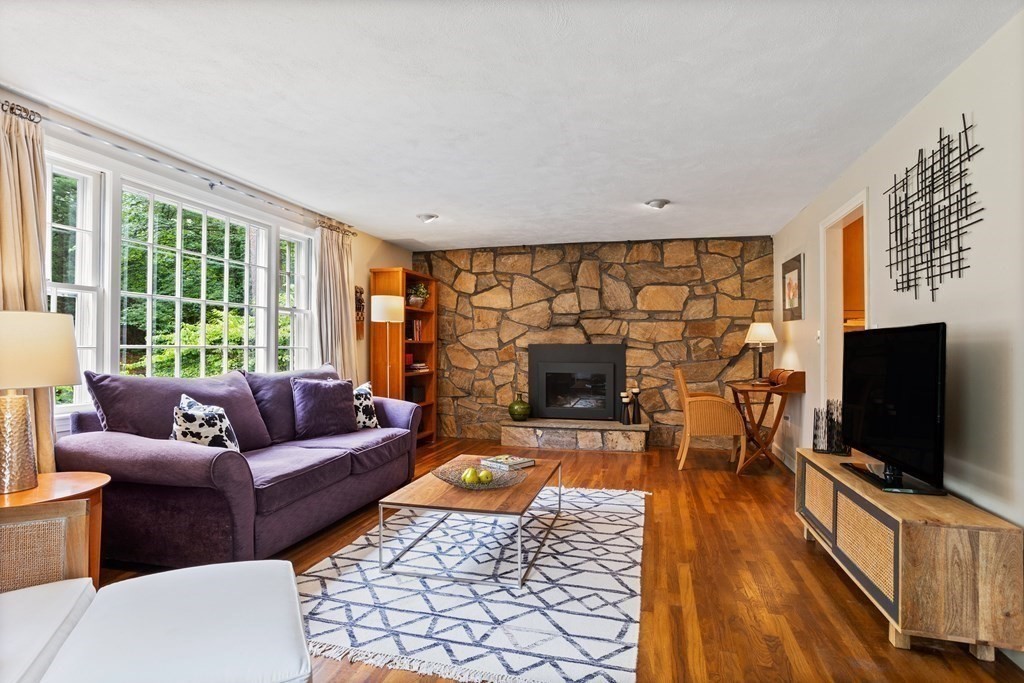 86 Pine Hill Road Boxborough, MA 01719 - Photo 10 of 42 a living room with furniture a flat screen tv and a fireplace