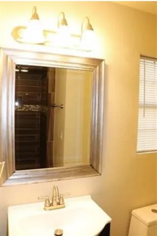a bathroom with a sink and a mirror