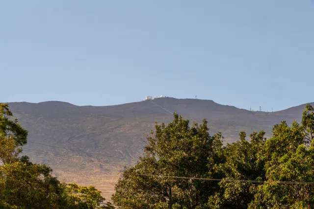 a view of a mountain in the distance in a field