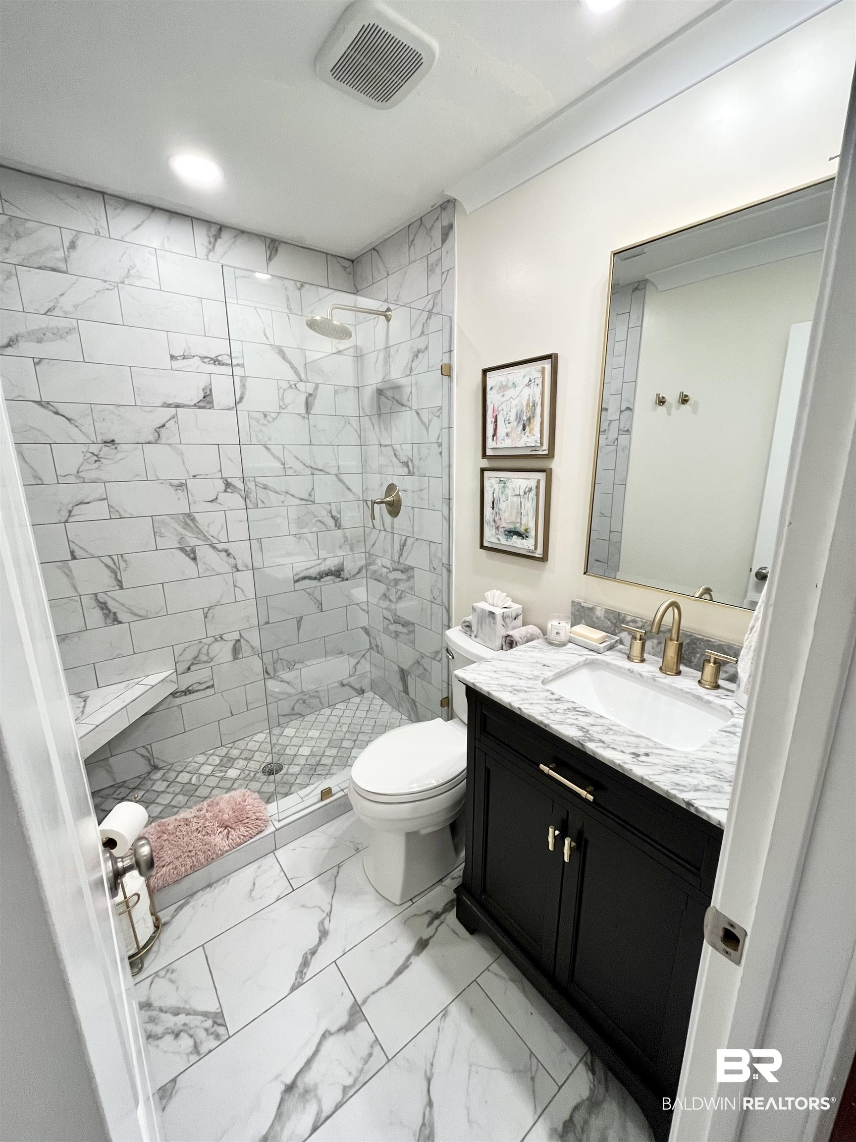 451 Ridgelawn Drive West Mobile, AL 36608 - Photo 26 of 41 Full bath featuring marble look tiles, a stall shower, toilet, vanity, and recessed lighting