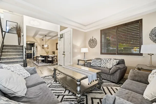 a view of a dining room with furniture