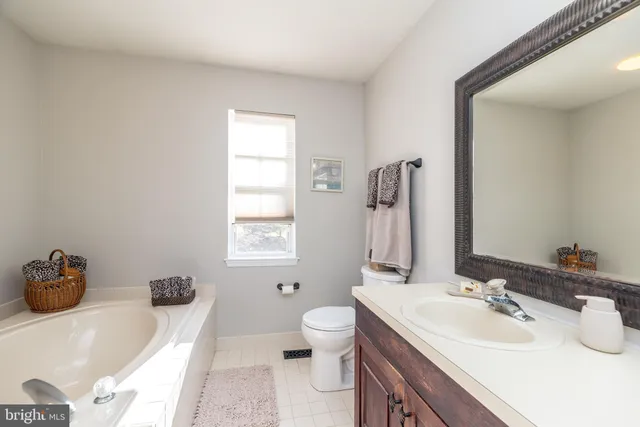 a bathroom with a double vanity sink mirror and toilet