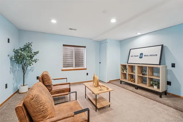 a living room with furniture and a potted plant