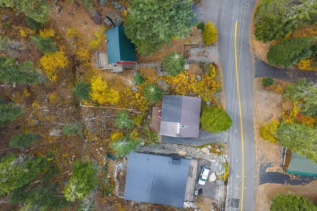 an aerial view of a residential houses with outdoor space and trees