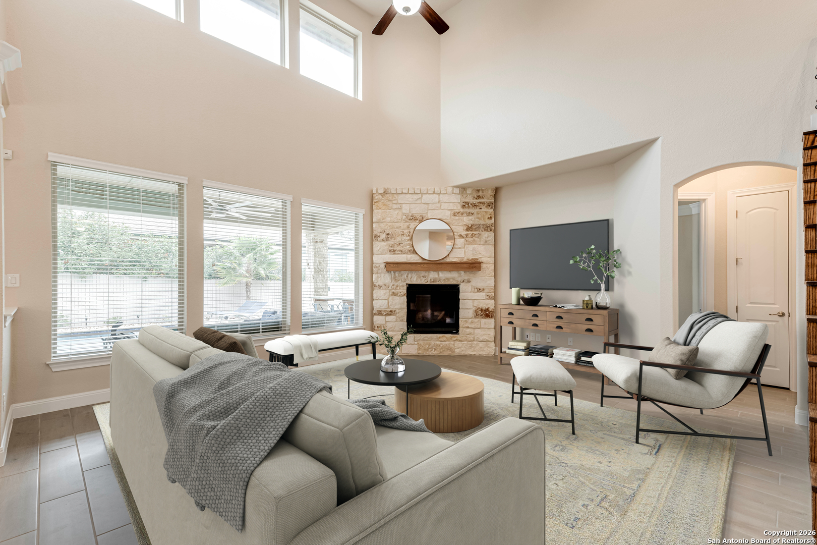 17419 Hillsedge Road San Antonio, TX 78257 - Photo 18 of 57 a living room with furniture large window and a fireplace