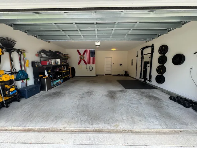 a view of a garage with storage