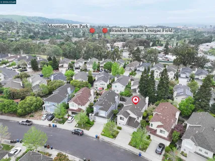 an aerial view of residential houses with outdoor space