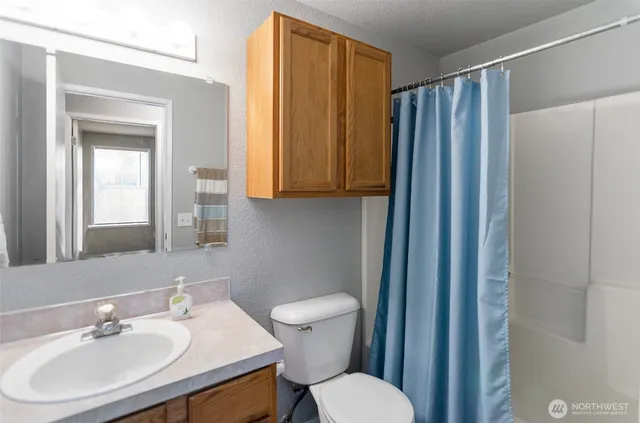a bathroom with a sink a toilet and shower curtain