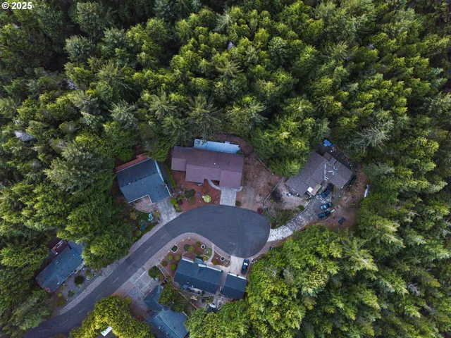 an aerial view of a house with a yard