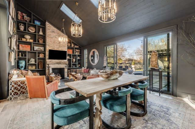 a living room with fireplace furniture and a flat screen tv