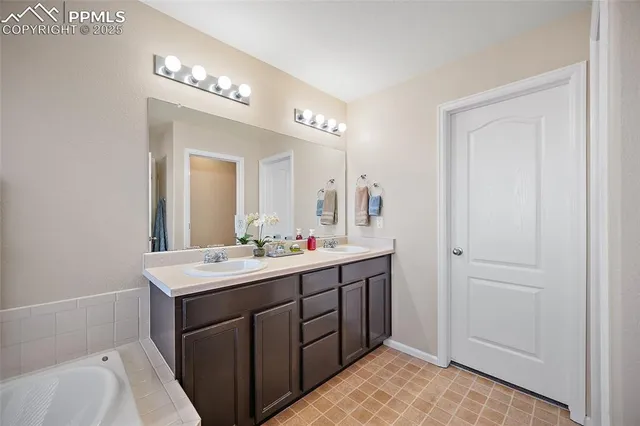 a bathroom with a tub a sink and a shower