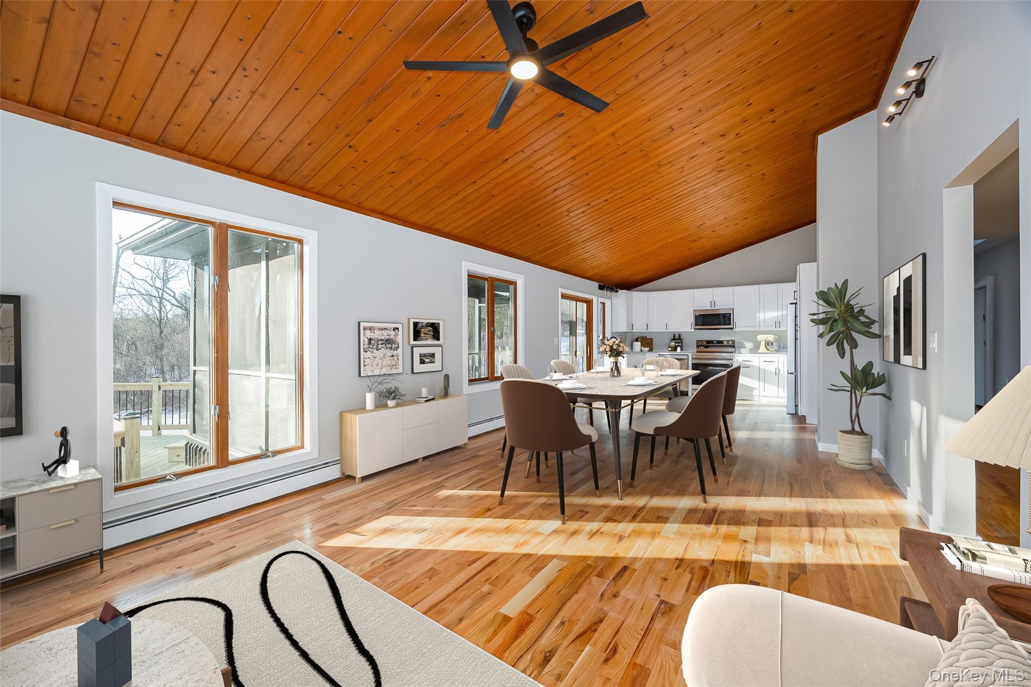 261 Freedom Road Pleasant Valley, NY 12569 - Photo 11 of 50 Dining room with wood ceiling, light wood finished floors, ceiling fan, high vaulted ceiling, and a baseboard heating unit