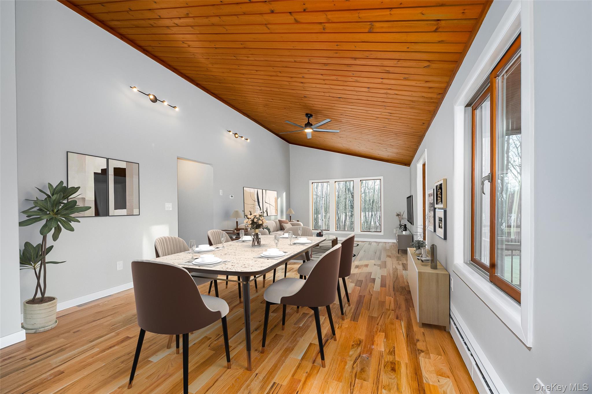 261 Freedom Road Pleasant Valley, NY 12569 - Photo 13 of 50 Dining room with wooden ceiling, a baseboard heating unit, light wood-style floors, high vaulted ceiling, and a ceiling fan