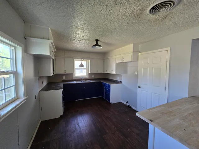 a kitchen with a refrigerator and a sink