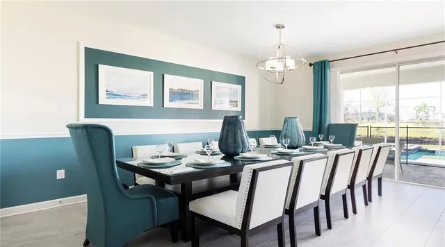 a view of a dining room with furniture window and outside view