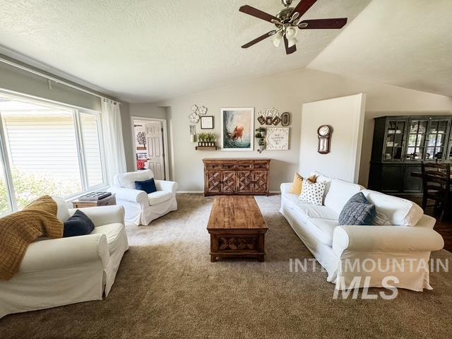 808 O'Leary Way Twin Falls, ID 83301 - Photo 3 of 37 Living area featuring vaulted ceilings, light neutral wall paint, and a ceiling fan