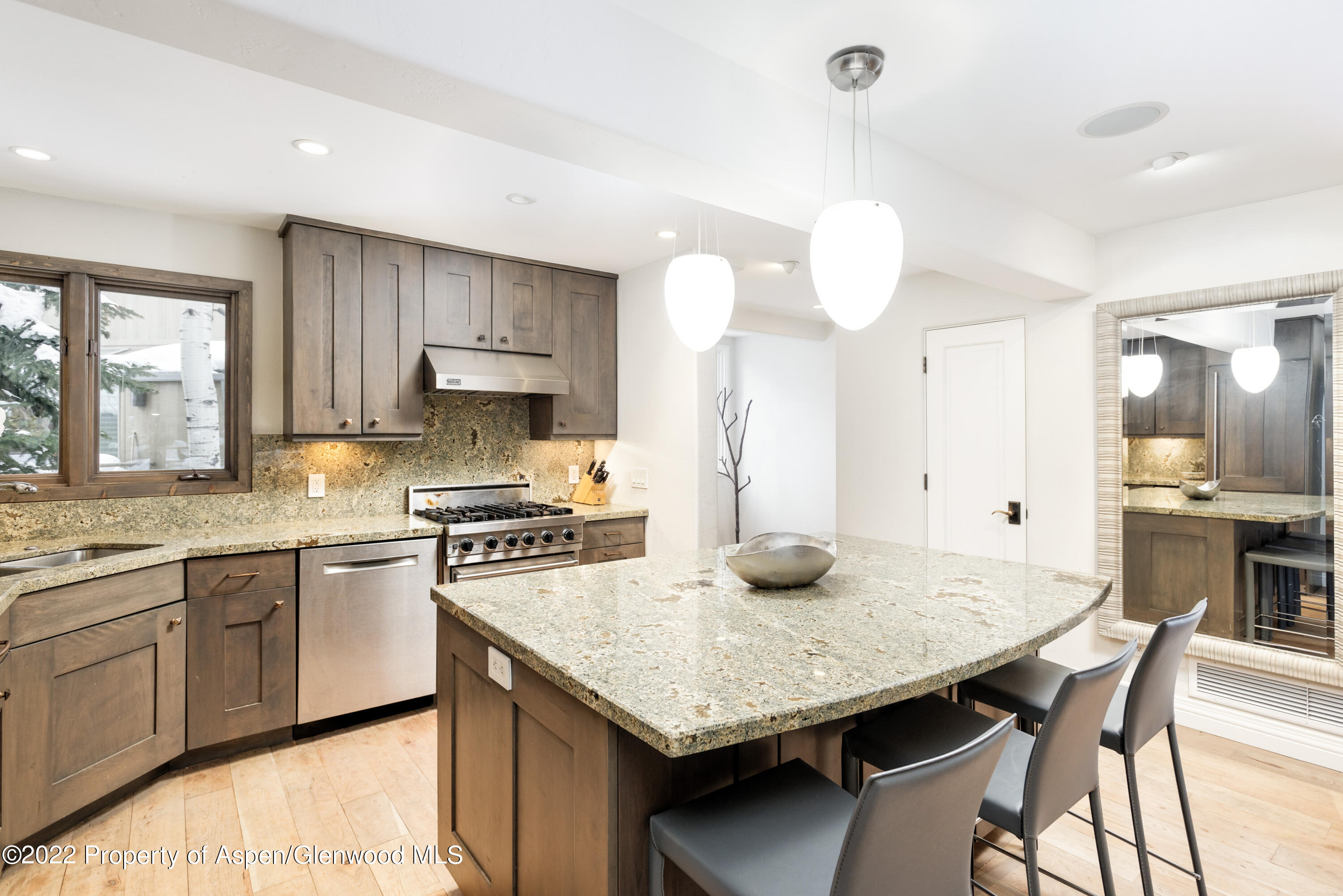 100 North 8th Street, Unit 20 Aspen, CO 81611 - Photo 6 of 18 a kitchen with granite countertop cabinets countertop a sink stainless steel appliances and dining table