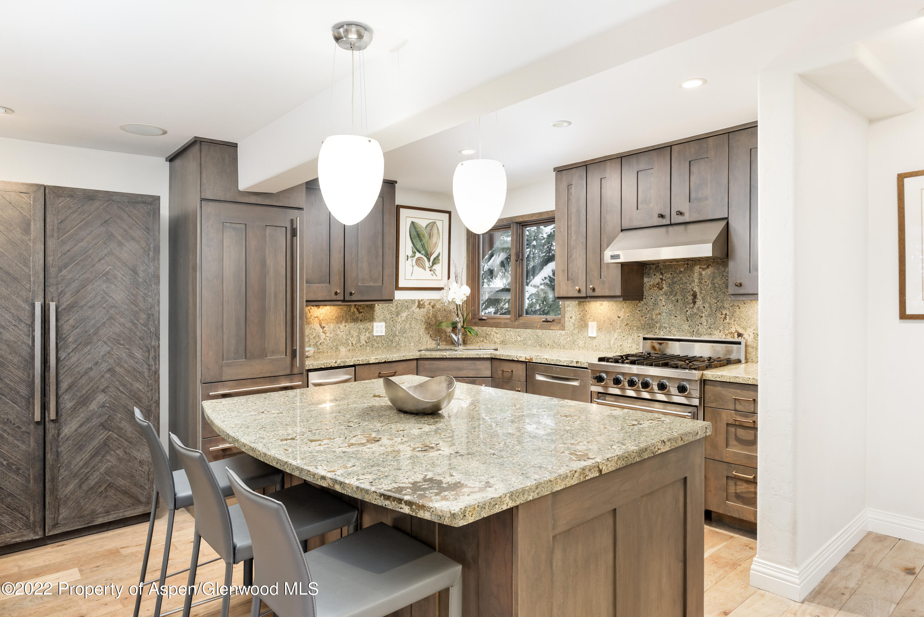 100 North 8th Street, Unit 20 Aspen, CO 81611 - Photo 7 of 18 a kitchen with stainless steel appliances granite countertop a stove a sink dishwasher and cabinets with wooden floor