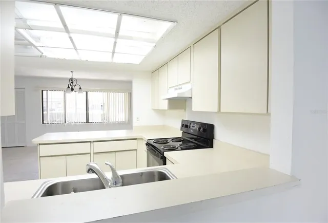 a kitchen with a sink a counter top space and cabinets