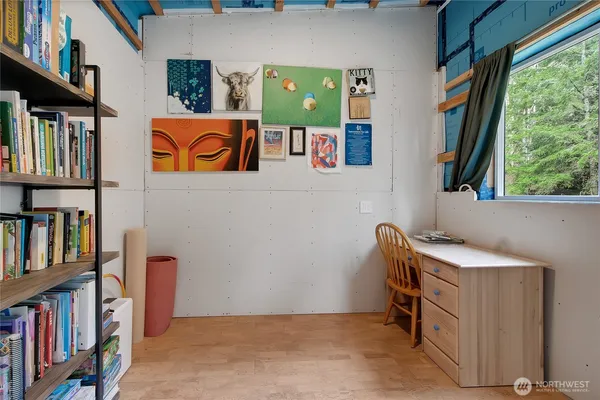 a room with furniture and a book shelf