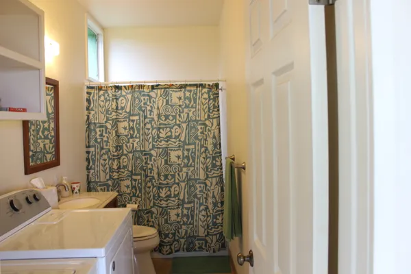 a bathroom with a sink a toilet and shower curtain