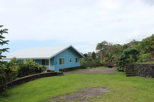 a front view of a house with a yard and green space