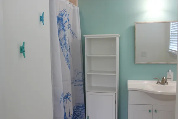 a bathroom with a shower and a sink