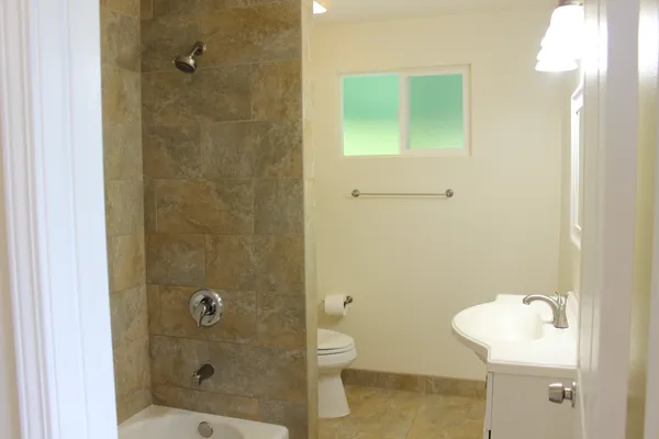 a bathroom with a shower and a toilet