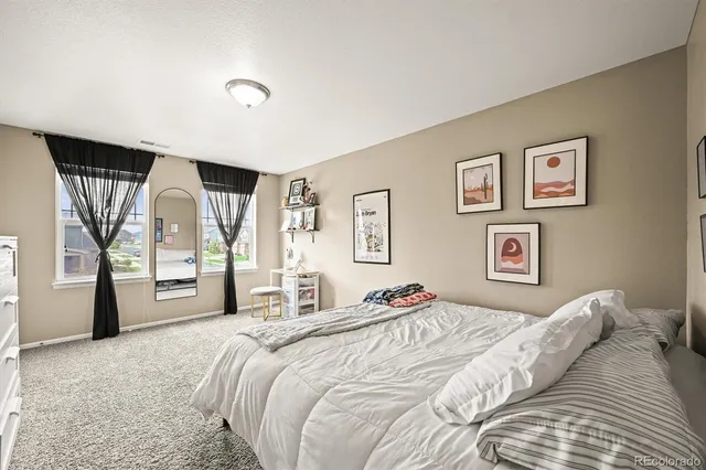 a bedroom with a bed and a cabinets