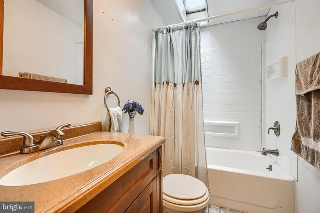 a bathroom with a sink a toilet and shower curtain
