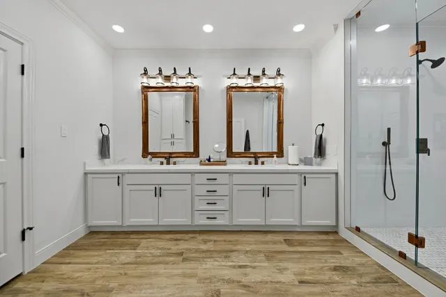 a kitchen with a refrigerator and countertop