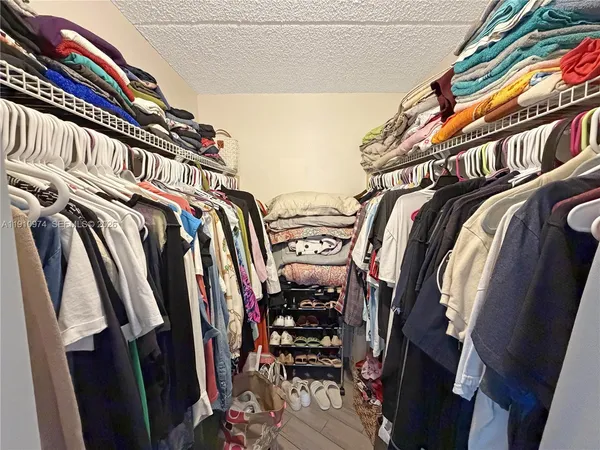 a view of walk in closet with clothes and shoes