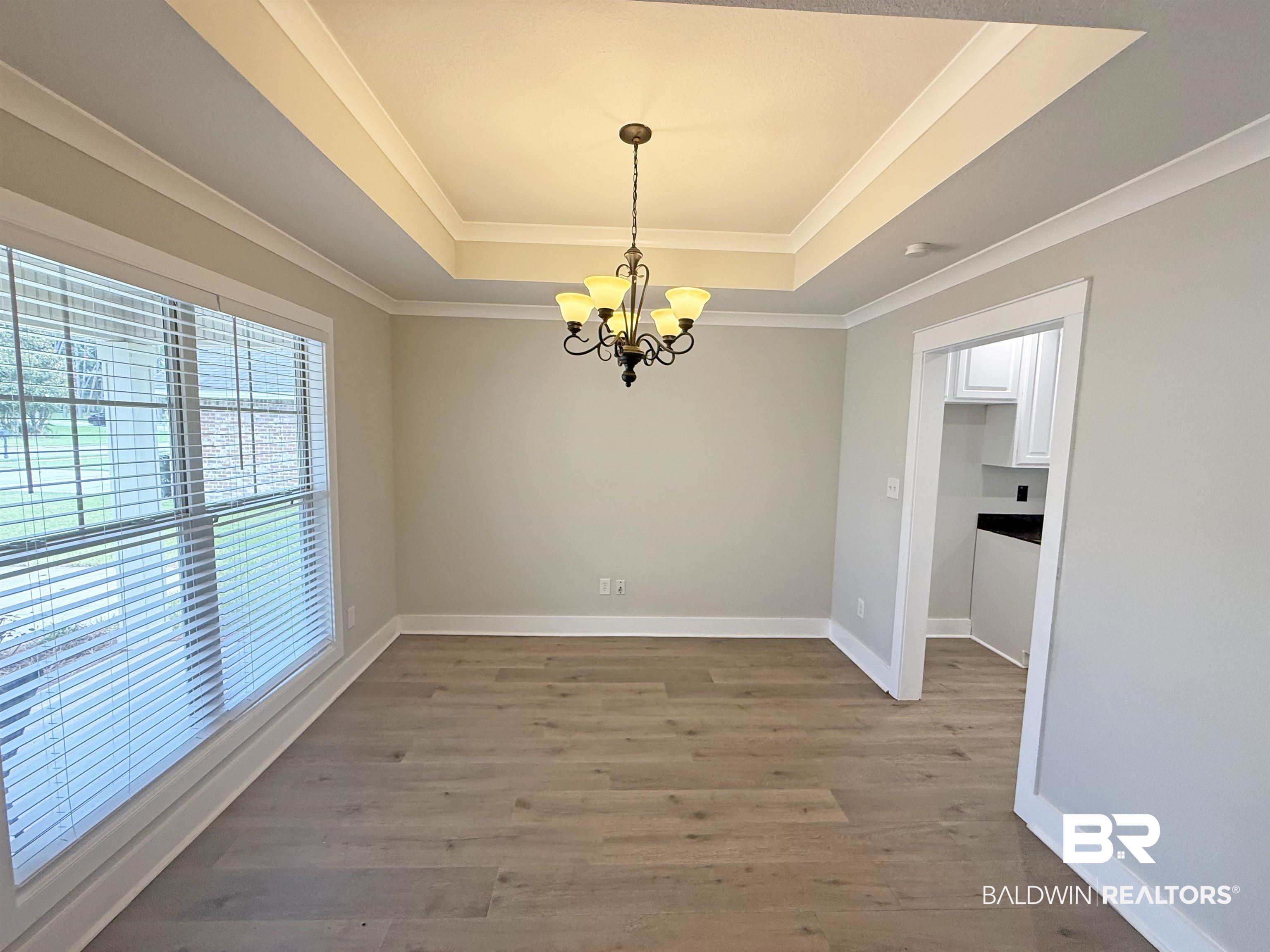 22023 Garland Loop Silverhill, AL 36576 - Photo 13 of 33 Unfurnished room with a tray ceiling, a chandelier, wood finished floors, and ornamental molding