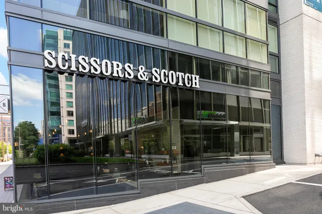 a view of a building with a large window