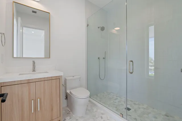 a bathroom with a sink a toilet and shower
